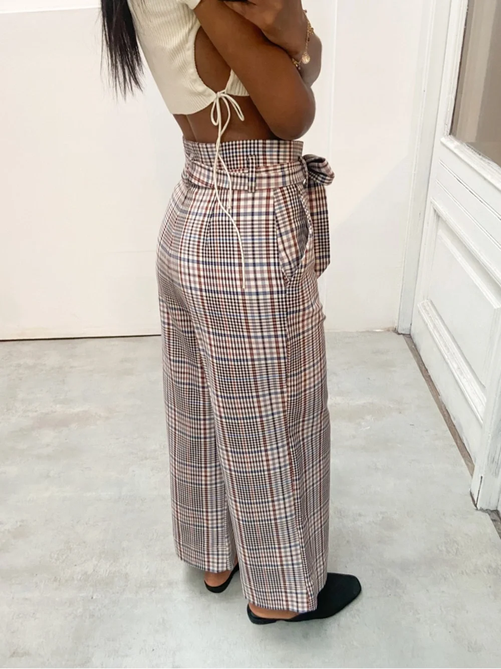 H&M Checked Tie-Waist Wide Leg Pants - Beige Plaid - Picture 4 of 13